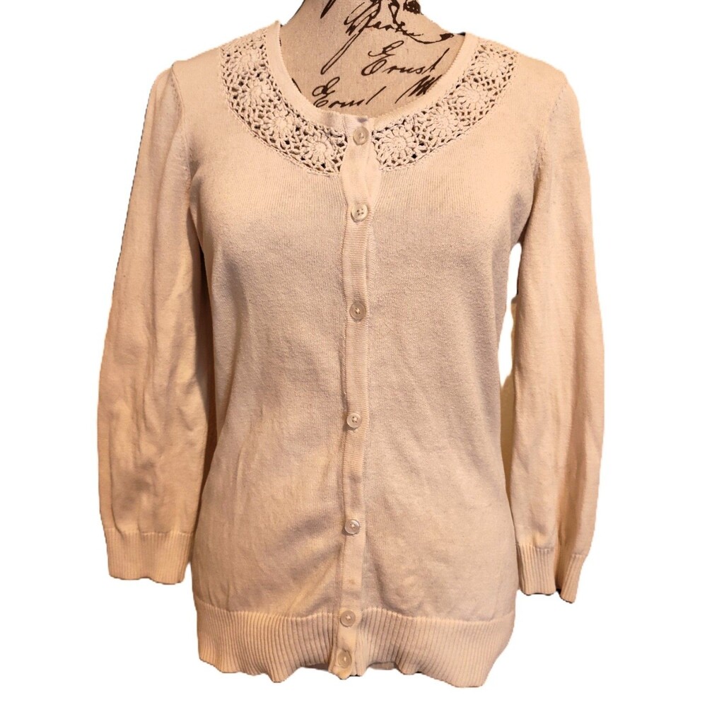 Bass 100% Cotton Button Down Cream Sweater with Sunflower Crochet Trim SZ S